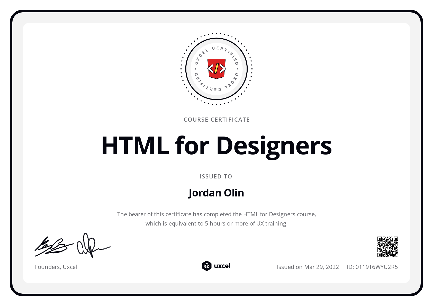 Jordan Olin's certificate